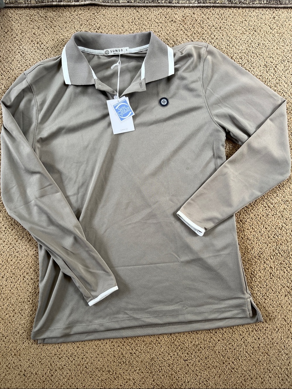 Sun50 Long Sleeve Polo in Taupe with White Trim